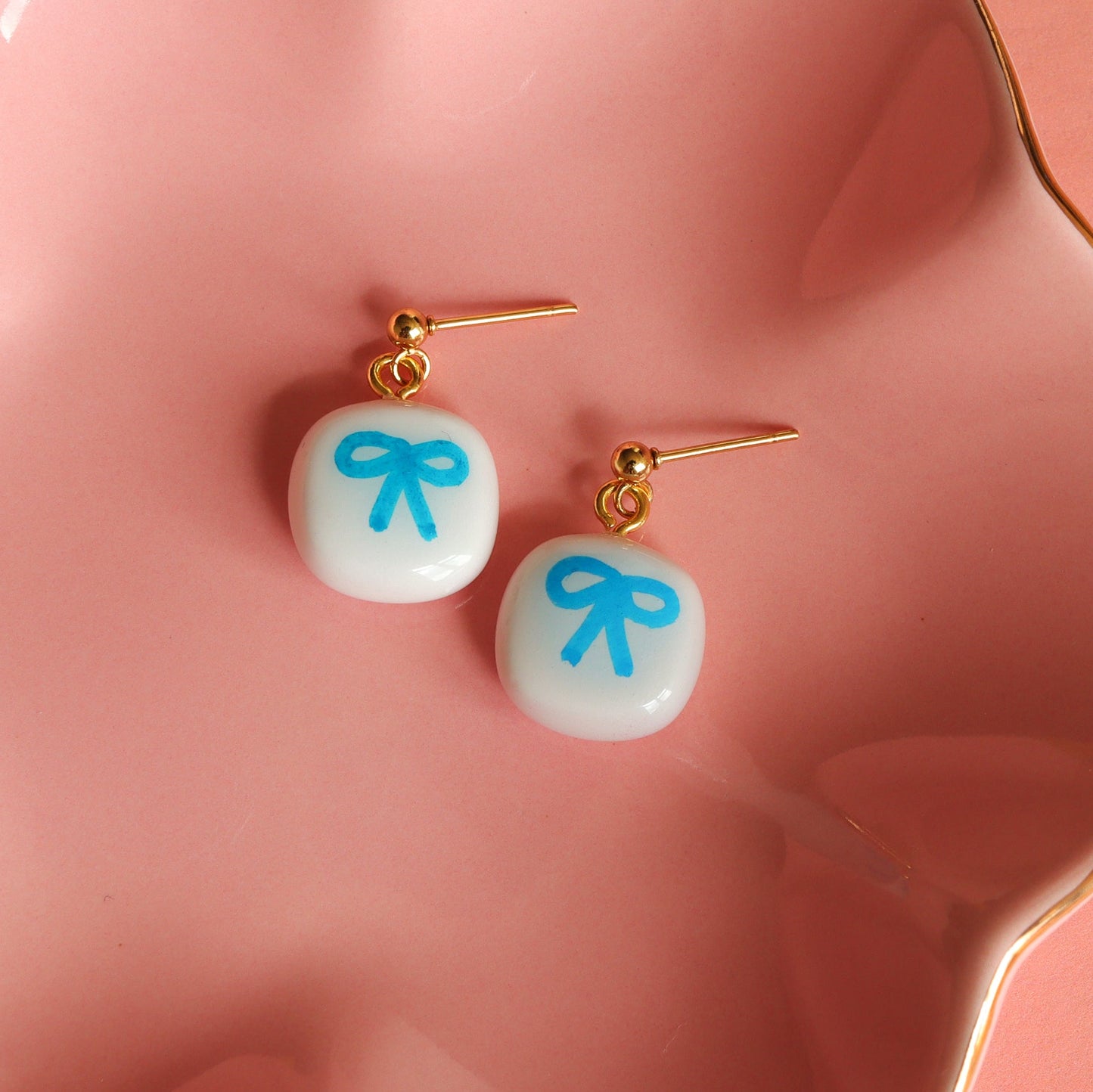 Handmade light blue polymer clay ribbon bow drop earrings
