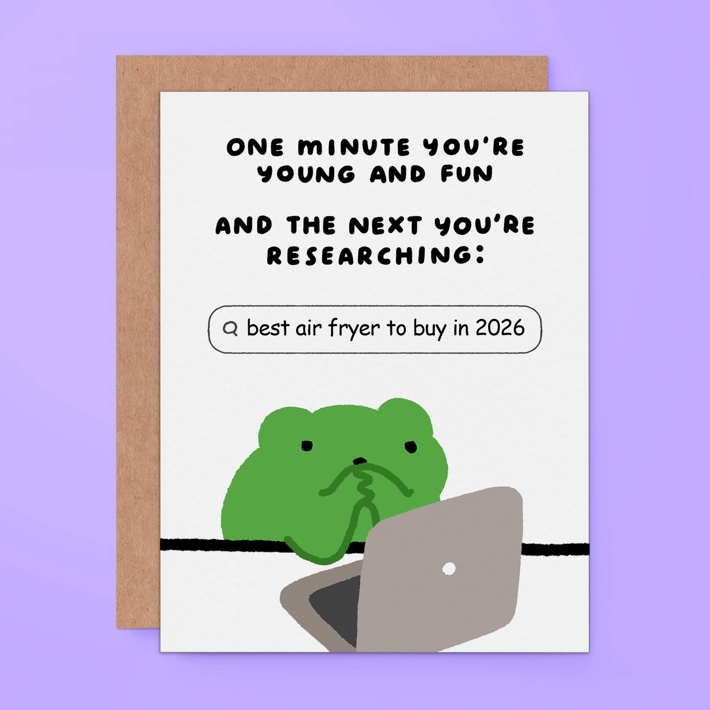 Funny adulting birthday card featuring a green frog researching the best air fryer to buy in 2026
