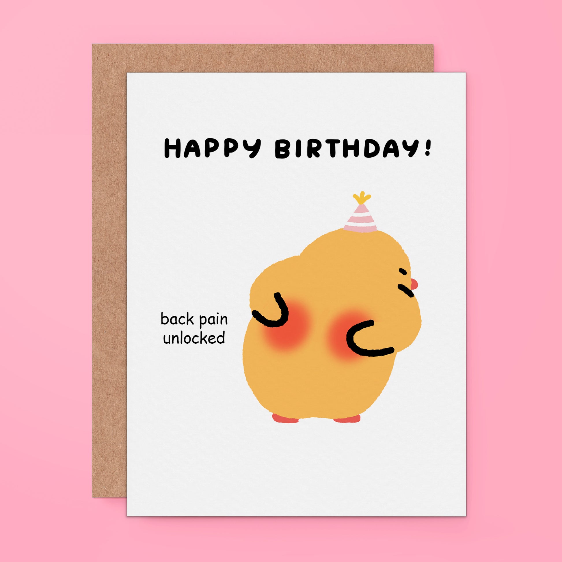 Birthday card for adults featuring chick holding its back with red sore spots, captioned 'back pain unlocked.