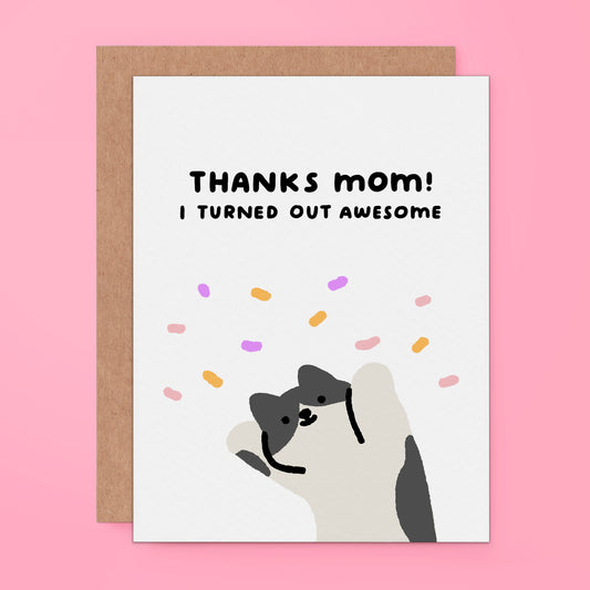 Thanks Mom card with cute cat and confetti, funny Mother’s Day greeting card from mom.