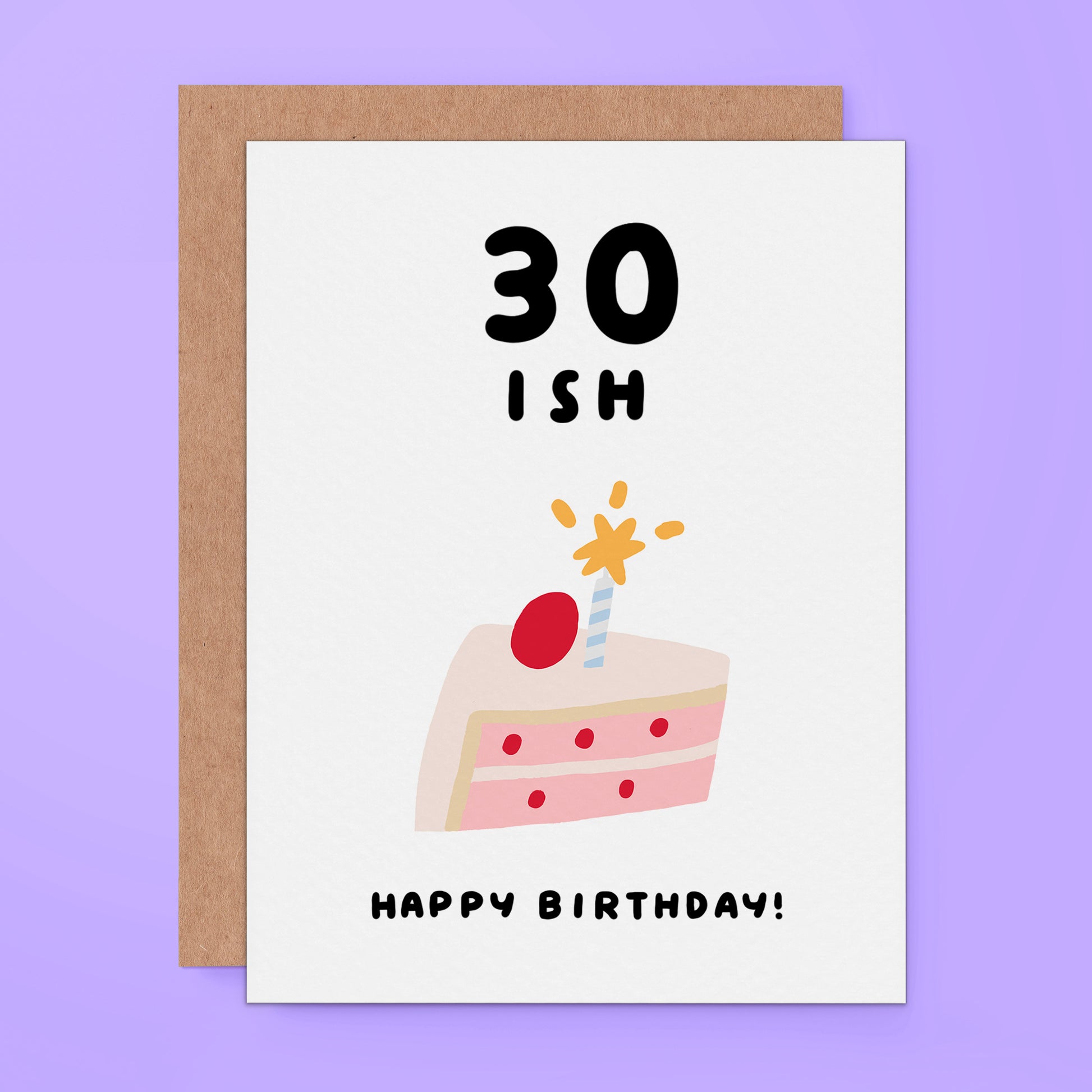 Funny 30ish birthday card with cake illustration for someone over 30 who doesn’t want to reveal their exact age