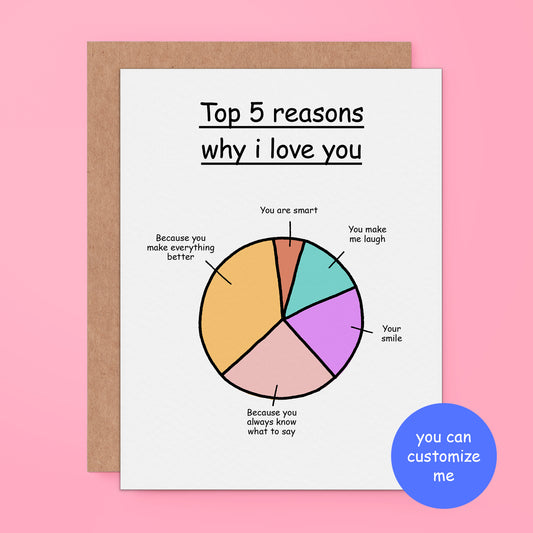 Card with pie chart titled 'Top 5 reasons why I love you'