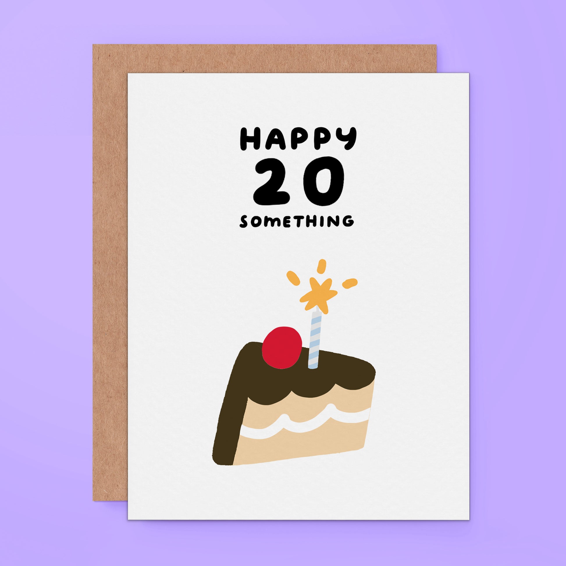 Funny 20 something birthday card with cake illustration and candle, minimal design for someone not revealing exact age