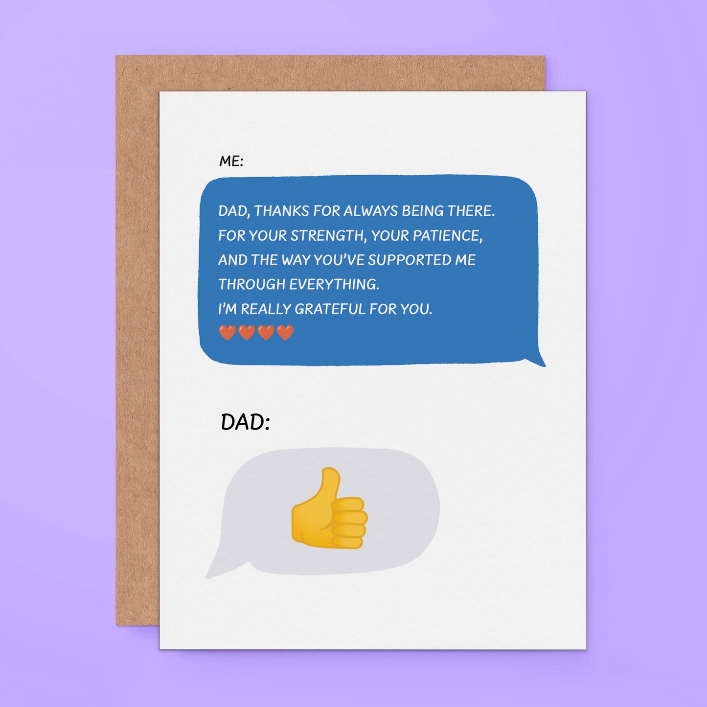 Sweet and funny dad greeting card featuring a heartfelt message and classic thumbs-up reply. Perfect for Father’s Day or dad’s birthday.