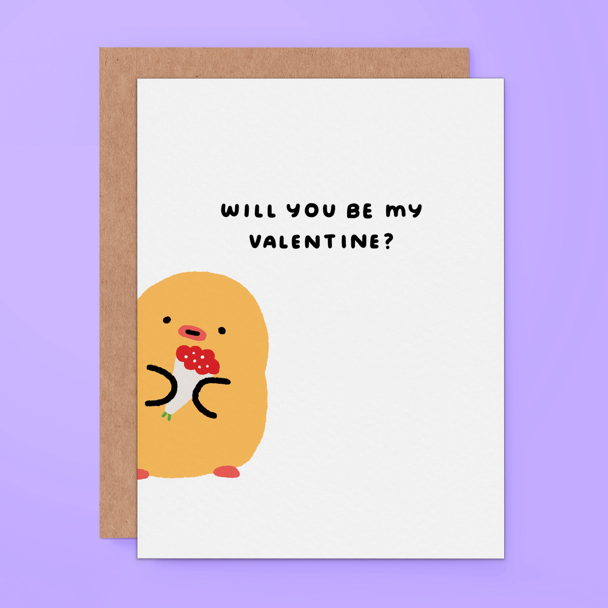 Funny will you be my Valentine card with a cute illustrated character holding flowers
