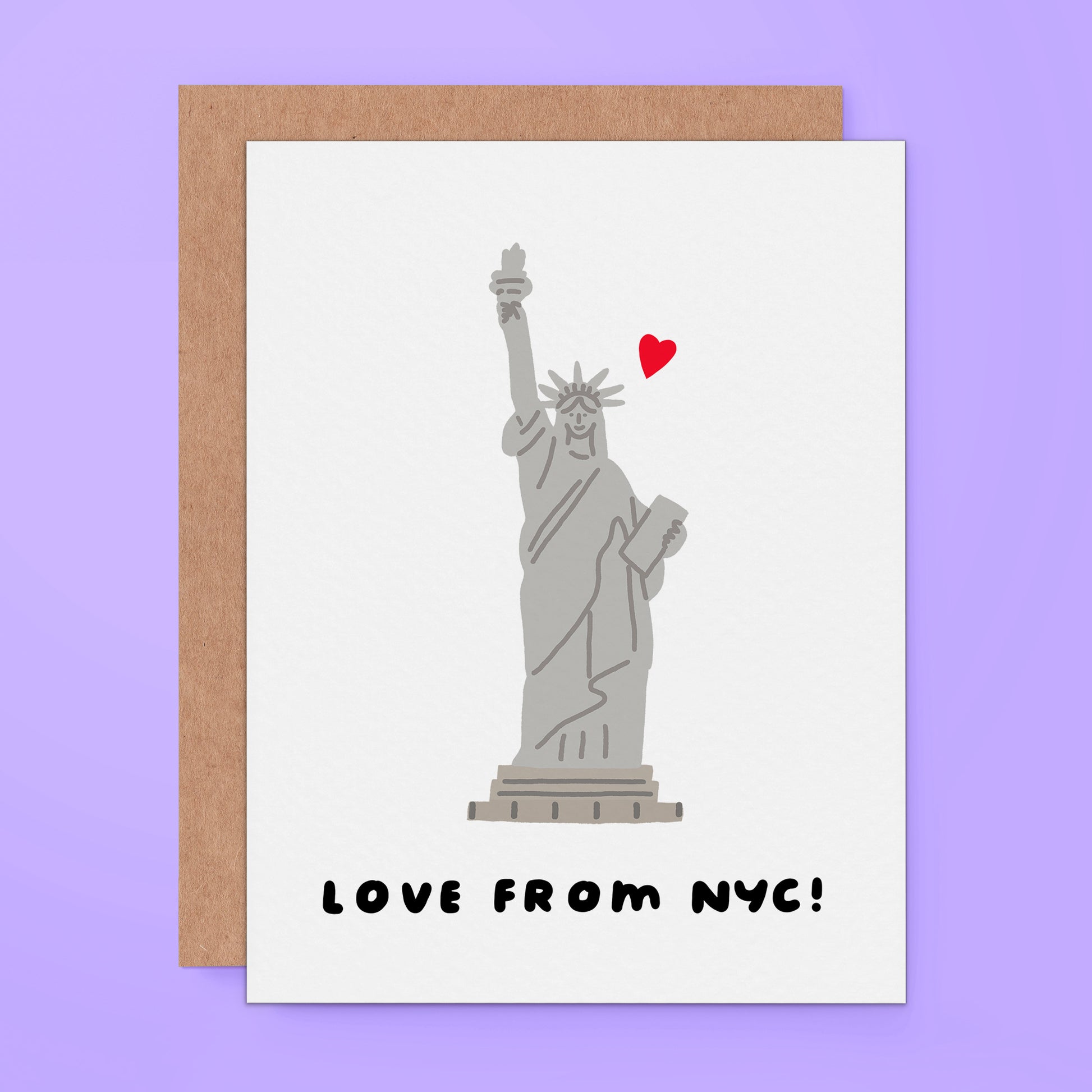 Illustrated Statue of Liberty greeting card with a small red heart and the text Love From NYC.