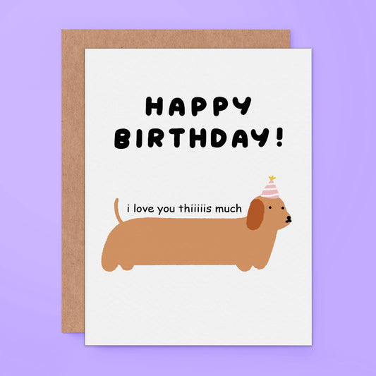 Happy Birthday card with cute and silly dachshund dog in party hat, love greeting card