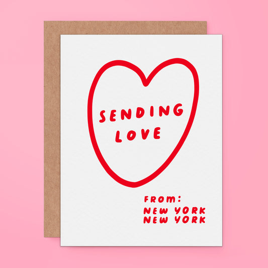 Red heart illustrated greeting card with the text Sending Love from New York, New York.