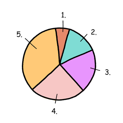 Pie chart divided into five segments with labels on a white background