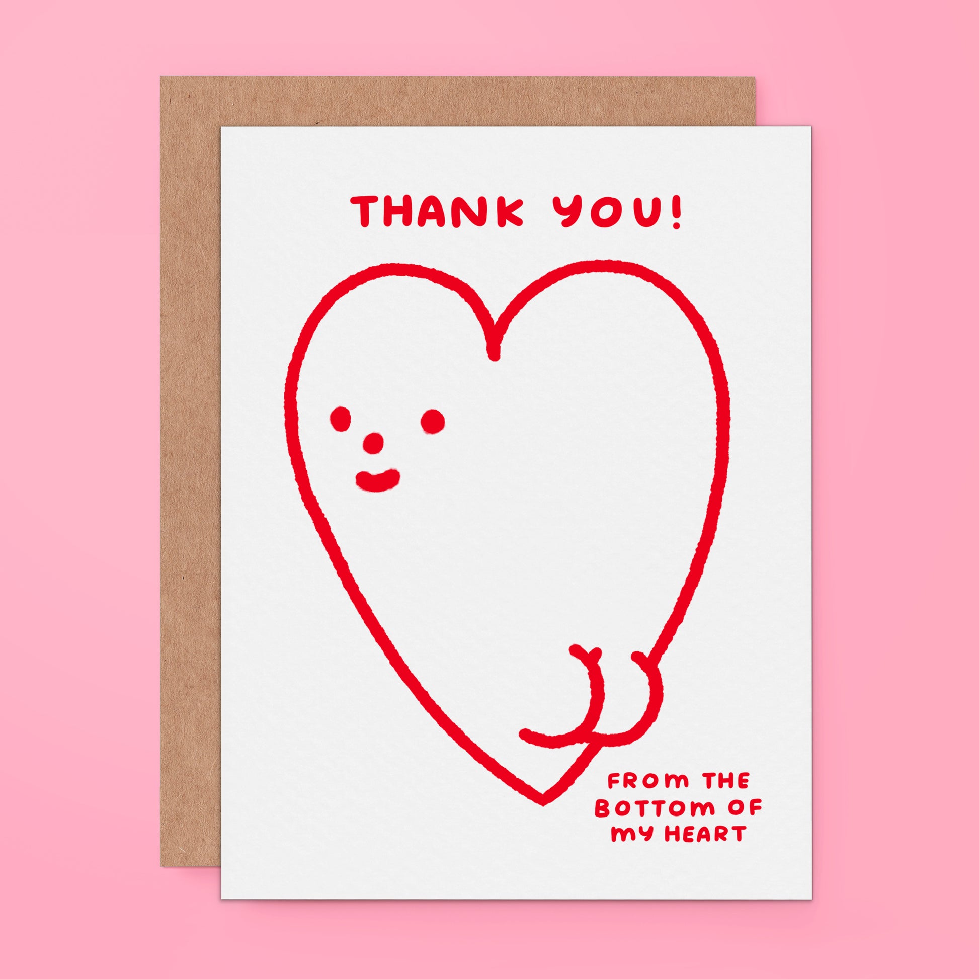 Thank You From The Bottom Of My Heart greeting card featuring a cute, smiling red heart character with cute butt