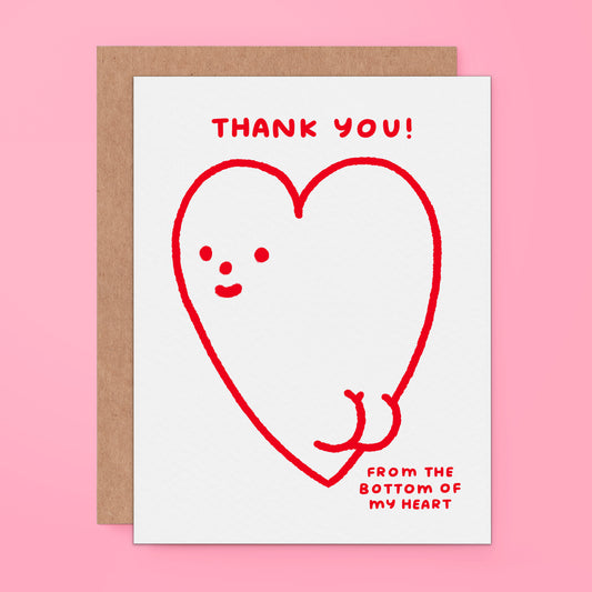 Thank You From The Bottom Of My Heart greeting card featuring a cute, smiling red heart character with cute butt