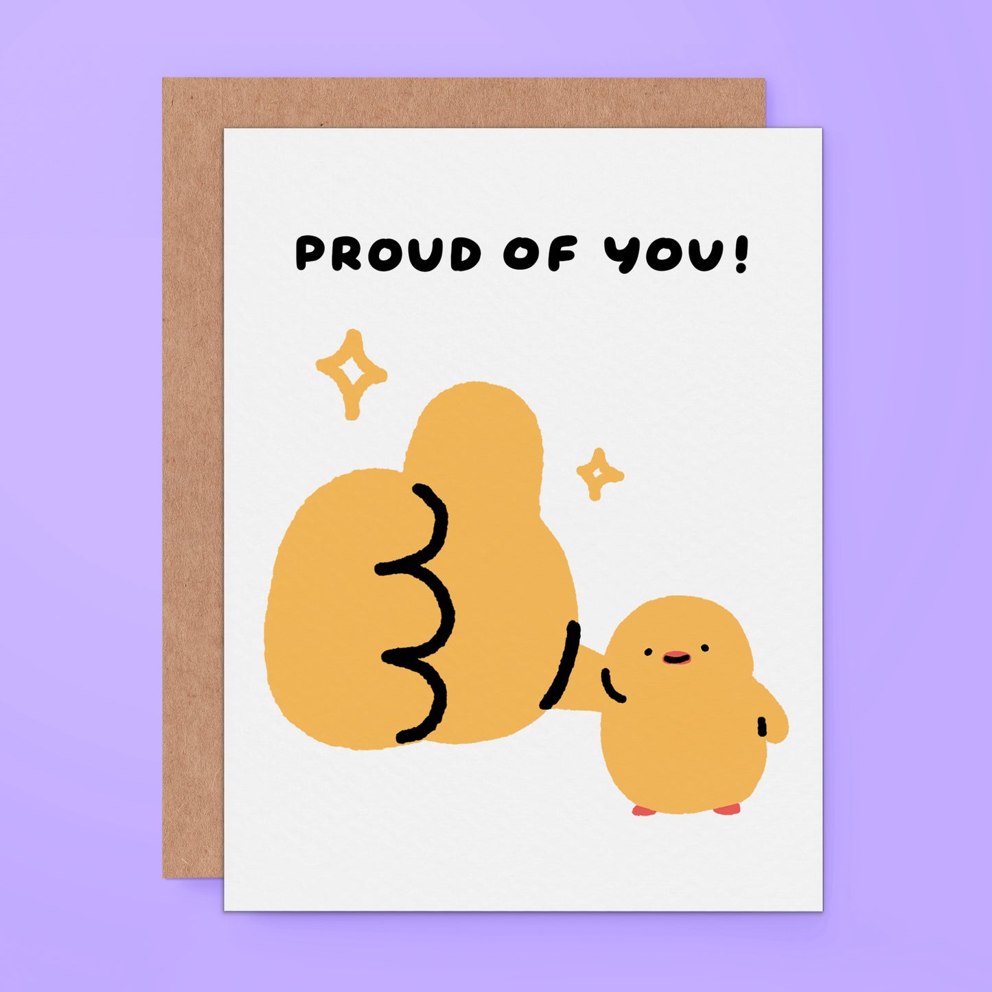 A greeting card with a kraft envelope, featuring a cute illustration of a small yellow chick with the text 'PROUD OF YOU!' on a light purple background.